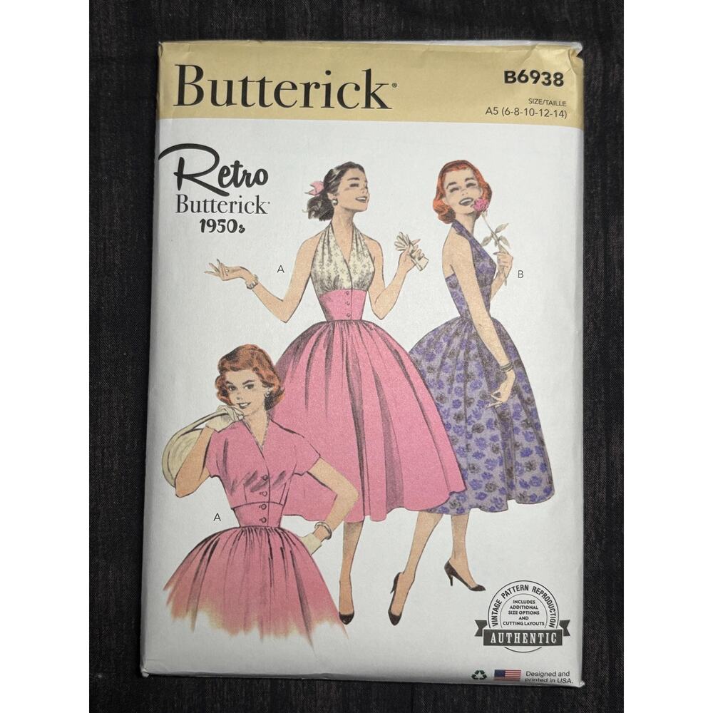 B6938 Butterick Sewing Pattern Misses' Retro 1950s Dress | A5 Size 6-14